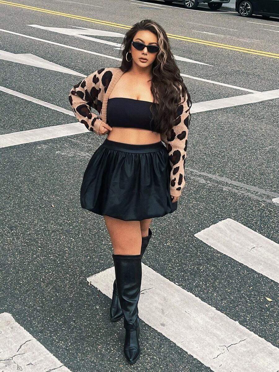 Flirla Plus Size Women Leather Casual Loose Puff Skirt, Suitable For Daily Wear In Summer - Black - View 1