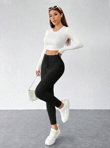 SHEIN PETITE Tie Waist Ribbed Knit Bodycon Leggings - Black - View 7