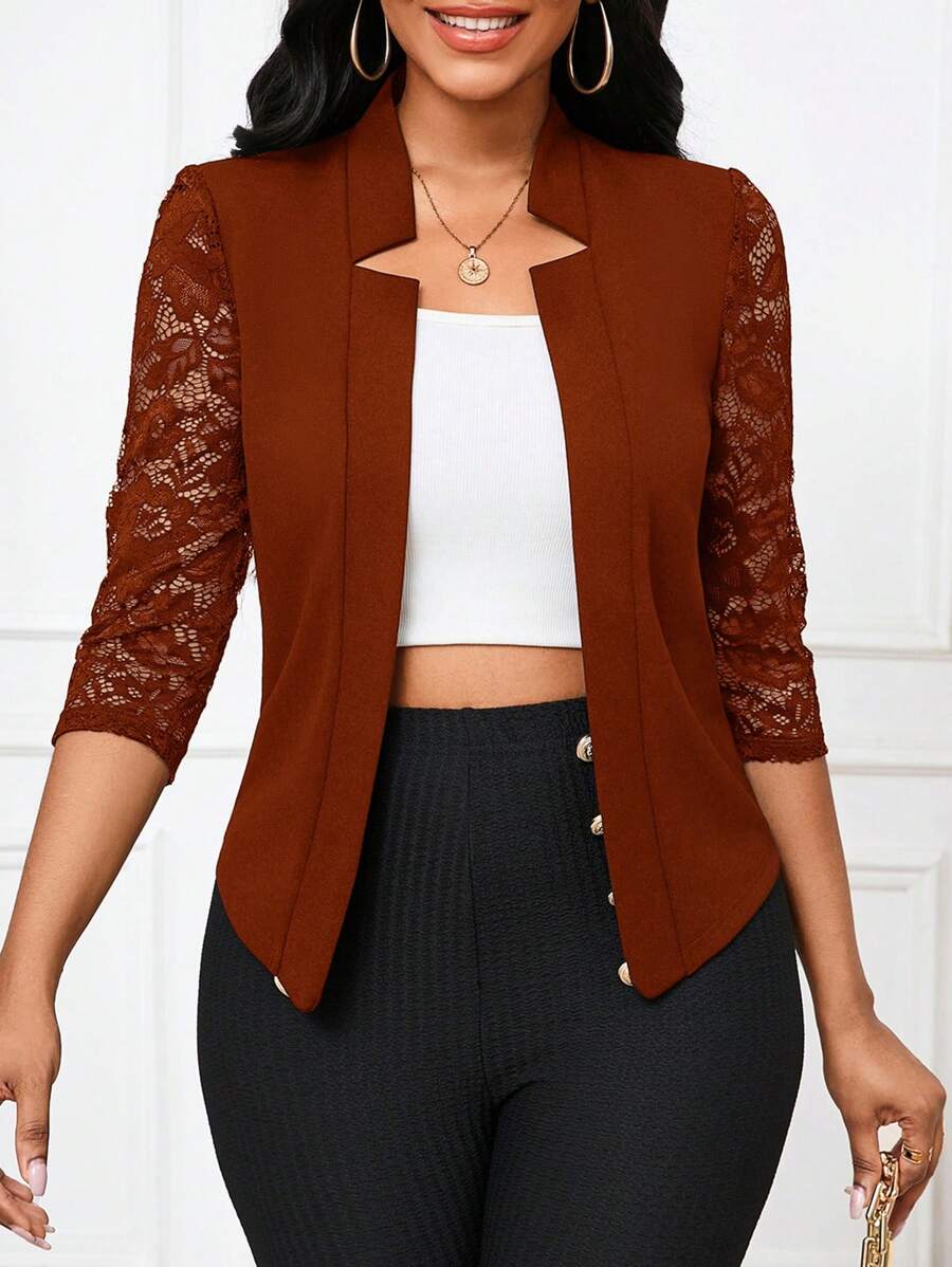 SHEIN Lady Áo khoác ren chắp vá thanh lịch dành cho nữ thường ngày/công sở - màu nâu - Xem 1