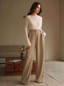 Anewsta 女士落肩圆领长袖修身套头衫，秋冬款 - 杏色 - 查看 3