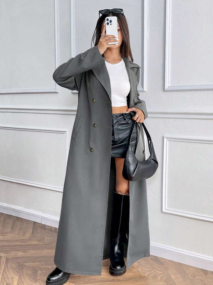 Almamuse Manteau long en trench casual et stylé, à manches longues, croisé double boutonnage, ceinturé. Couleur grise unie pour femmes, adaptée au printemps, à l'automne et à l'hiver. - Gris - Voir 4