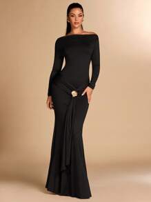 SHEIN BAE 1pc Women's Black Solid Color Sexy Elegant Long Sleeve Tight Ruched Metal Shell Decor Tied Mermaid Dress, Suitable For Cocktail Party, Romantic Date, Autumn/Winter Underdress, Party, Formal Occasion, Night Out, Wedding Guest, Halloween, Christmas