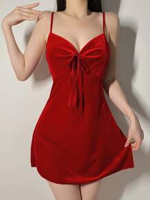 SilkySpell Solid Color Velvet Camisole Sleep Dress With Front Pleated Twisted Design, For Fall Winter, Christmas - Burgundy - View 3