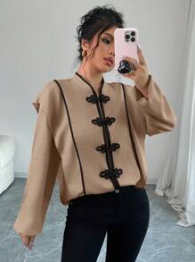 SHEIN Unity Women's Stand Collar Button-Up Contrast Color Ruffle Cuff Long Sleeve Blouse, Autumn/Winter Women Shirt Blouses Elegantvintage Clothes Women - Khaki - View 5