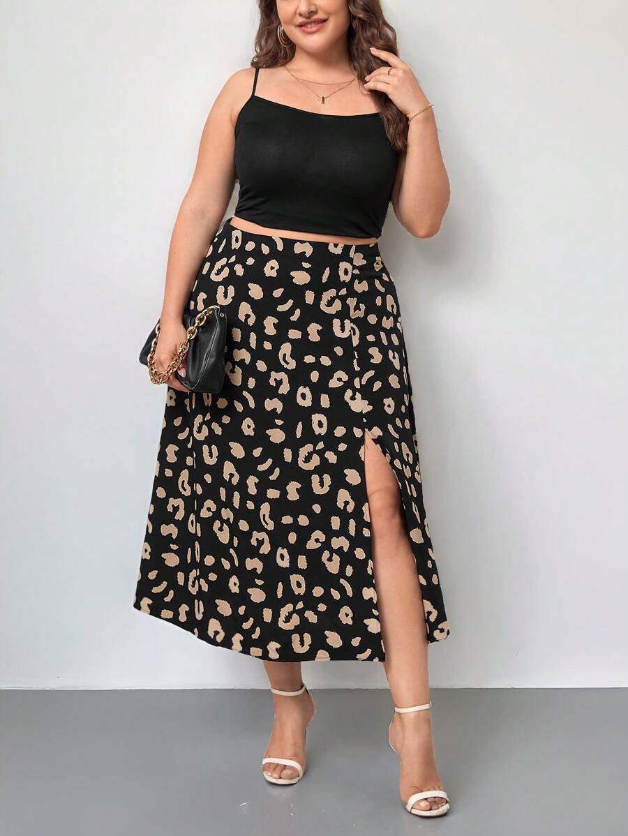 SHEIN Privé Plus Leopard Print Split Thigh Skirt - Black - View 1