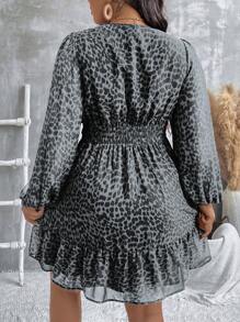 SHEIN VCAY 大码豹纹透明分层雪纺长袖连衣裙 - 灰色 - 查看 2