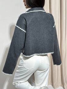 SHEIN EZwear 秋季休闲拼色短款夹克 - 深灰色 - 查看 2