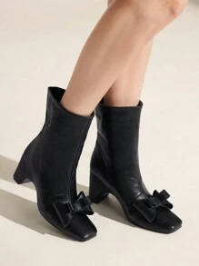CUCCOO CHICEST Square Toe Platform Bowknot Mid-Calf Boots For Women For Christmas And New Year Holiday Valentines - Black - View 3
