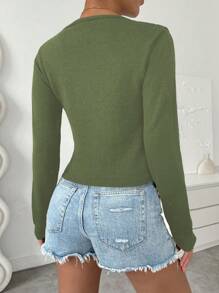 SHEIN Unity Sweater Rajut Lengan Panjang Leher V Polos Kasual Wanita untuk Musim Gugur dan Musim Dingin - Hijau Tentara - View 2