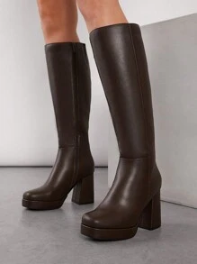 SHUZIA 厚底，方头，粗跟，棕色，软 PU，及膝，全长内拉链