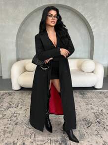 SHEIN SXY 秋季双排扣腰带撞色衬里夹克，长款女式外套，长款外套，长款夹克，适合办公室、感恩节、圣诞节、秋冬季、外套连衣裙