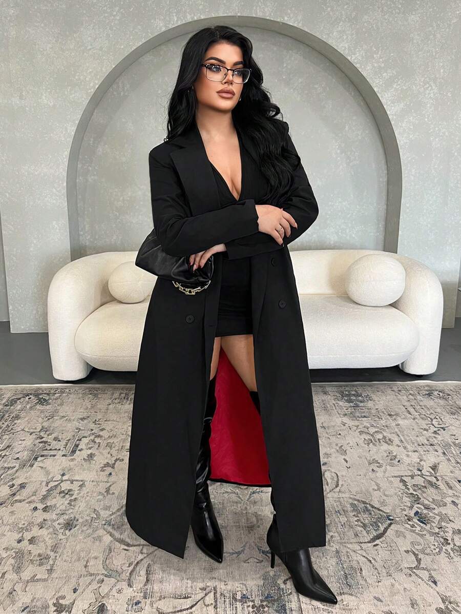 SHEIN SXY 秋季双排扣腰带撞色衬里夹克，长款女式外套，长款外套，长款夹克，适合办公室、感恩节、圣诞节、秋冬季、外套连衣裙