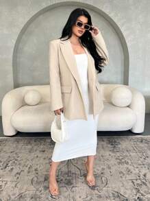SHEIN SXY Women's Casual Loose Solid Color Notched Collar Long Sleeve Coat, Autumn/Winter, Long Coat, Long Jacket, Suitable For Office, - Light Grey - View 2