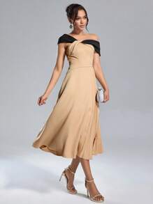 SHEIN Belle Vestido de fiesta elegante de mujer con bloque de colores, cuello asimétrico, cintura fruncida, para verano, semi formal, para fiesta de graduación, boda, invitados