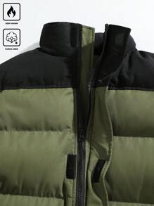 Manfinity Homme Plus Size Men's Casual Colorblock Long Sleeve Zip Front Padded Coat, Winter Going Out Bubble Coat Green Winter Coat, For Friends, Husband, Boyfriend Gifts - Multicolor - View 4