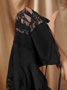 Slaydiva 全新性感日常约会吊带后背交叉蕾丝拼接针织面料黑色修身透视长裤女式紧身连体裤-F - 黑色 - 查看 7