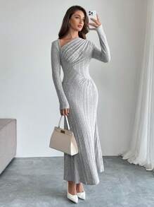 SHEIN Privé Women Elegant Warm Asymmetrical Ruffled Collar And Hem Textured Knit Long Dress ,Solid Color  Casual For Everyday Wear,Autumn&Winter
