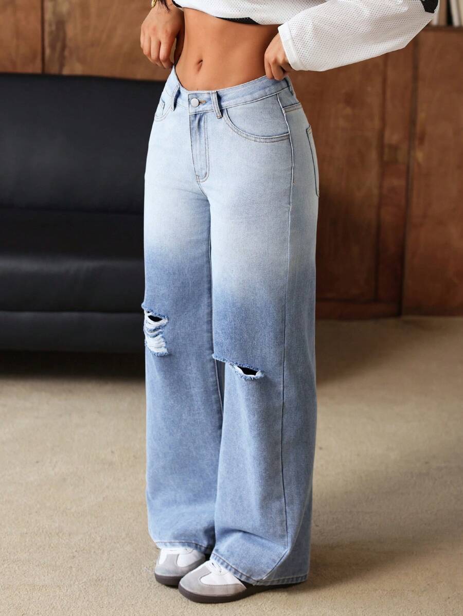 SHEIN EZwear 女士休闲破洞口袋撞色牛仔裤，百搭 - 藍色 - 查看 1