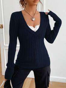 SHEIN EZwear Suéter de punto de cable sólido con cuello en V de 1 pieza de moda para mujer, suéter informal de punto de cable para primavera/otoño para mujer, suéteres holgados de manga larga con encaje de contraste y ajuste delgado, suéteres para mujer de manga regular marrón