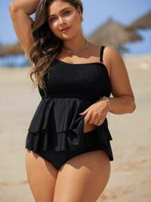 Swim Lushoire Conjunto de traje de baño tankini de talla grande con volantes para el verano - Negro - Ver 3