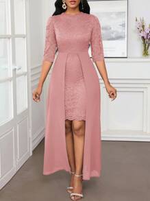 SHEIN Lady 秋冬圣诞派对礼服优雅蓝色蕾丝圆领不对称飘逸 - 粉色 - 查看 8