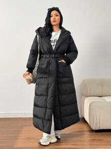 SHEIN EZwear Abrigo acolchado con capucha, cintura con cordón, unicolor, casual, talla grande, para invierno