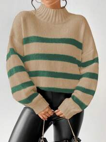 SHEIN LUNE Striped Pattern Stand Collar Casual All-Match Long Sleeve Pullover Sweater Knit Pullover Fall Winter - Brown - View 3