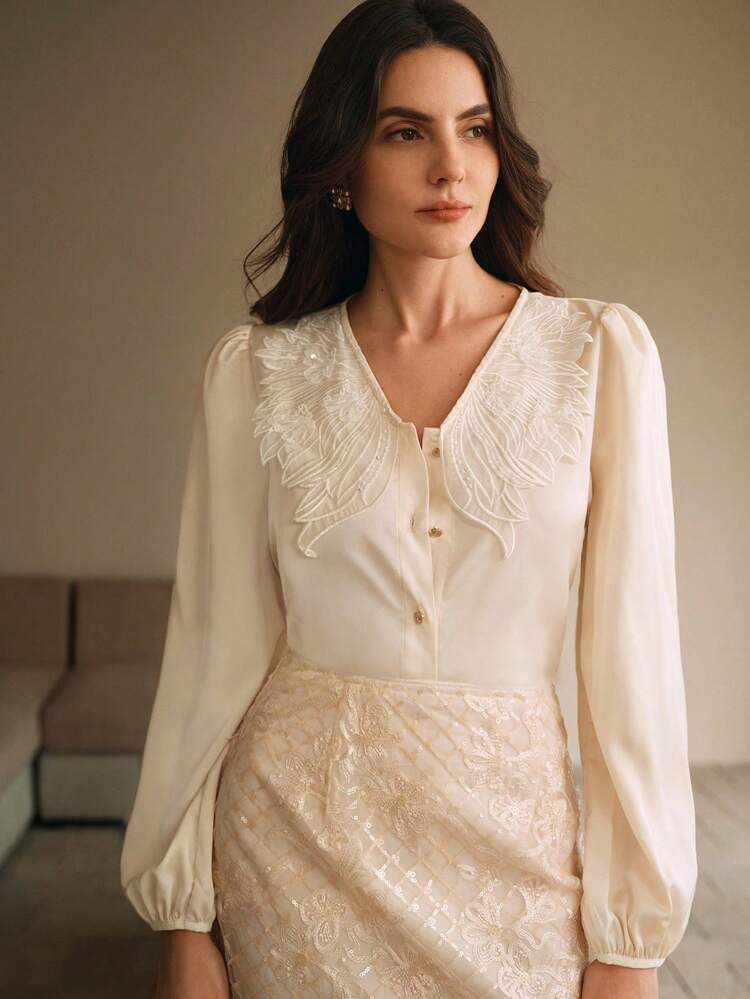 Women's V-Neck Embroidered Ruffle Blouse, Elegant Loose Fit Long Sleeve Shirt