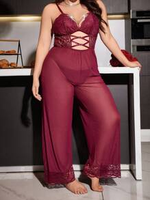 Plus Size Sexy Lace Mesh Jumpsuit With Deep V-Neck, Metal Chain Detail, Elegant Loungewear Jumpsuit