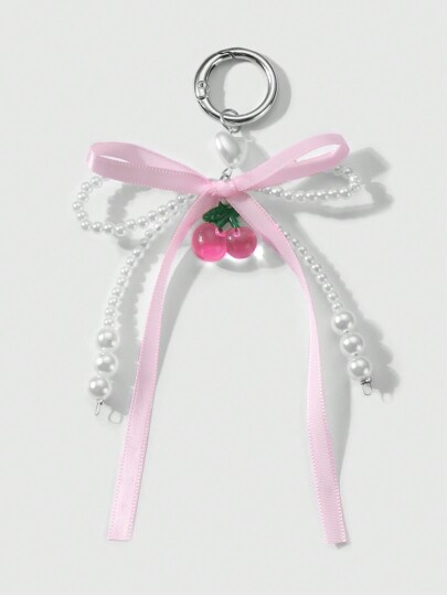 Kawaii 1 pezzo Ciondolo portachiavi carino e minimalista fatto a mano con perle finte bianche, fiocco di nastro rosa, pendente a forma di cuore e ciliegia, un regalo alla moda per ragazze e donne, adatto per l'uso quotidiano