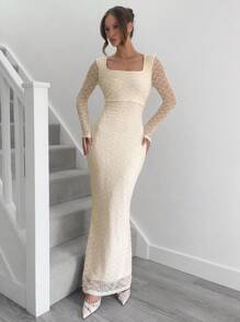 SHEIN Essnce فستان طويل الأكمام أبيض أنيق مزخرف نسيج مضلع مناسب لعيد الشكر ، فستان خريفي، فستان كاجوال بلون أبيض مصمم بتداخل دانتيل على الرقبة المربعة - لون مشمشي - مشاهدة 5