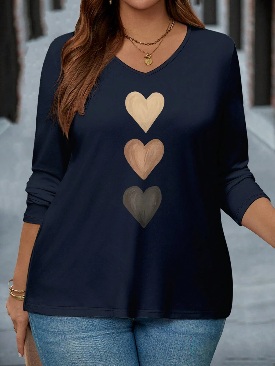 EMERY ROSE Áo thun dài tay cổ chữ V họa tiết trái tim đơn giản dành cho phụ nữ ngoại cỡ, mùa xuân và mùa thu - Màu xanh hải quân - Xem 1