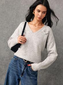Poéselle Women's Grey Autumn V-Neck Sweater Crocheted Floral Applique Loose Long Sleeve Pullover,Casual Brunch Warm Furry Effortless Chic Essential Sweaters - Light Grey - View 4