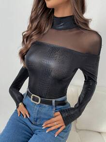 SHEIN Privé 女士优雅浪漫时尚通勤性感修身黑色 PU 皮革拼接 T 恤，秋冬 - 黑色 - 查看 1