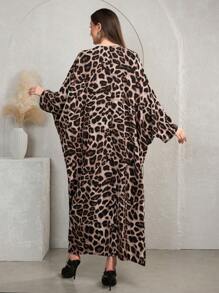 Al Najma 大码女式优雅豹纹拼布宽松长袖阿拉伯连衣裙，秋季，朴素蝴蝶长袍和 Jalabiya，适合休闲日常 - 黑色 - 查看 4