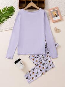 Teen Girl Snug Fit Drink Print Long Sleeve Top And Pants 2Pcs Pajama Set, Snug Fit And Comfy Sleepwear - Multicolor - View 2
