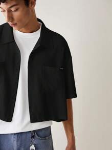 SWAVVY Chemise ample et décontractée à manches courtes unie pour hommes, style mode jeune tissé pour le quotidien - Noir - Voir 3