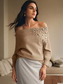 Anewsta Elegant Handmade Beaded Off-Shoulder Pullover Sweater, Women's Winter Knitted Sweater - Khaki - View 2