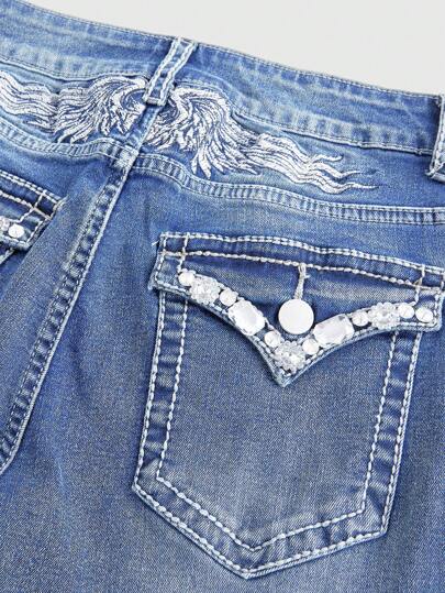 Goth Jeans casuales ajustados con pierna acampanada, bordado con alas de strass