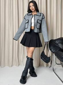 SHEIN EZwear Contrast Color Trim Front Button Pocket Cropped Long Sleeve Overcoat