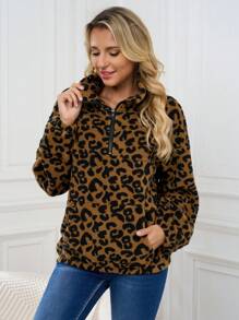 INAWLY Sudadera holgada de casual para otoño/invierno de mujer con estampado de leopardo, manga larga de hombros caídos y cremallera media