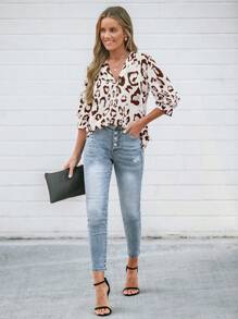 SHEIN LUNE Christmas Women Clothes Women's Casual Office Blouse, Teacher Work Uniform, Party Wear, Sequin Print Black Shirt New Years Outfit