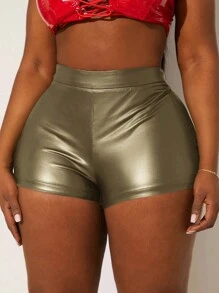 SHEIN SXY 大码纯色弹性腰部紧身性感迷你短裤 - 軍綠色 - 查看 5