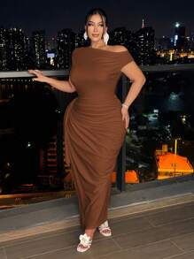 SHEIN SXY Plus Size White Bodycon One-Shoulder Twist Decorated Party Dress - Brown - View 9