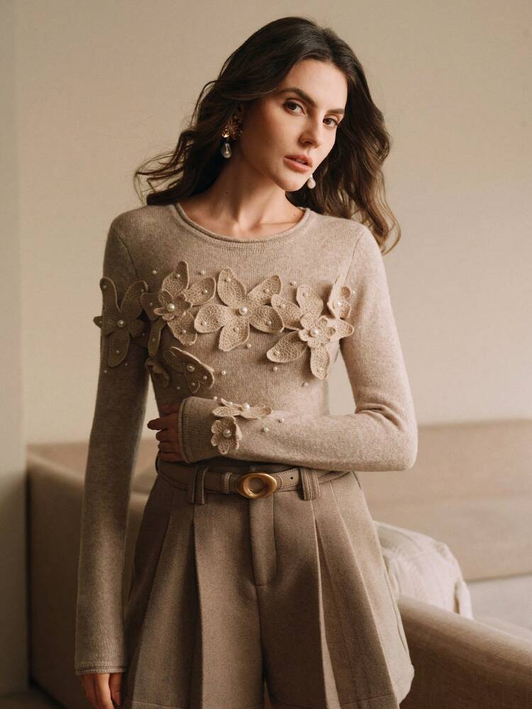 Handmade Crochet 3D Floral Beaded Elegant Crew Neck Women Soft & Breathable Khaki Base Layer Sweater Knit Pullover Fall Winter