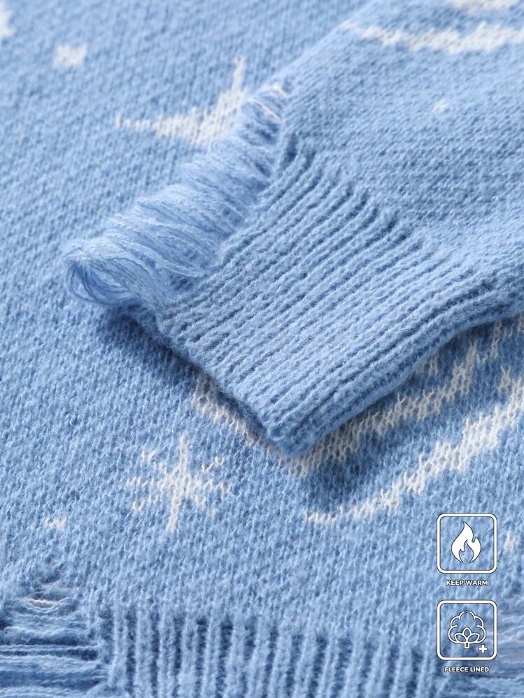 Manfinity Hypemode 男士休闲日常宽松星空印花落肩套头衫淡蓝色毛衣青少年男孩毛衣雪花毛衣动漫毛衣 - 淺藍色 - 查看 5