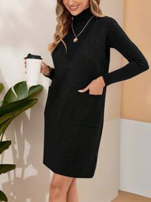 EMERY ROSE 女士前口袋针织背心连衣裙，长款针织裙毛衣连衣裙，秋冬女装 - 黑色 - 查看 1