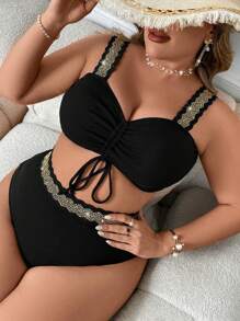 SHEIN Swim Curve 夏季海滩加大码女式比基尼套装带抽绳和水钻装饰 - 黑色 - 查看 1