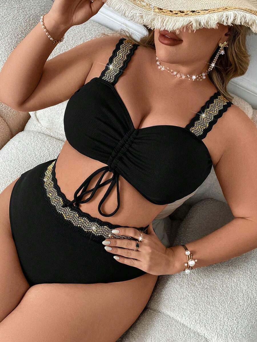 SHEIN Swim Curve 夏季海滩加大码女式比基尼套装带抽绳和水钻装饰 - 黑色 - 查看 1
