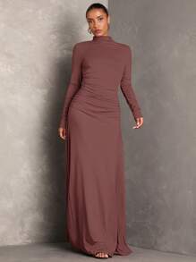 SHEIN BAE Women Solid Color Stand Collar Long Sleeve Pleated Dress, Fall Wedding Guest Dress, Dress Elegant, Winter Women Dress, Fall Women Dresses, Concert Women Outfit